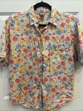100% Cotton Floral Short-Sleeve Button-Down Shirt — Pink, Blue & Yellow Floral
